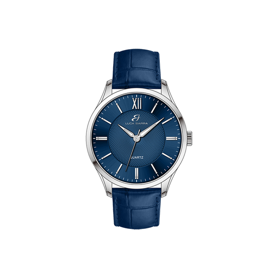 MONTRE EN ACIER POUR HOMMES AVEC BRACELET EN CUIR BLEU