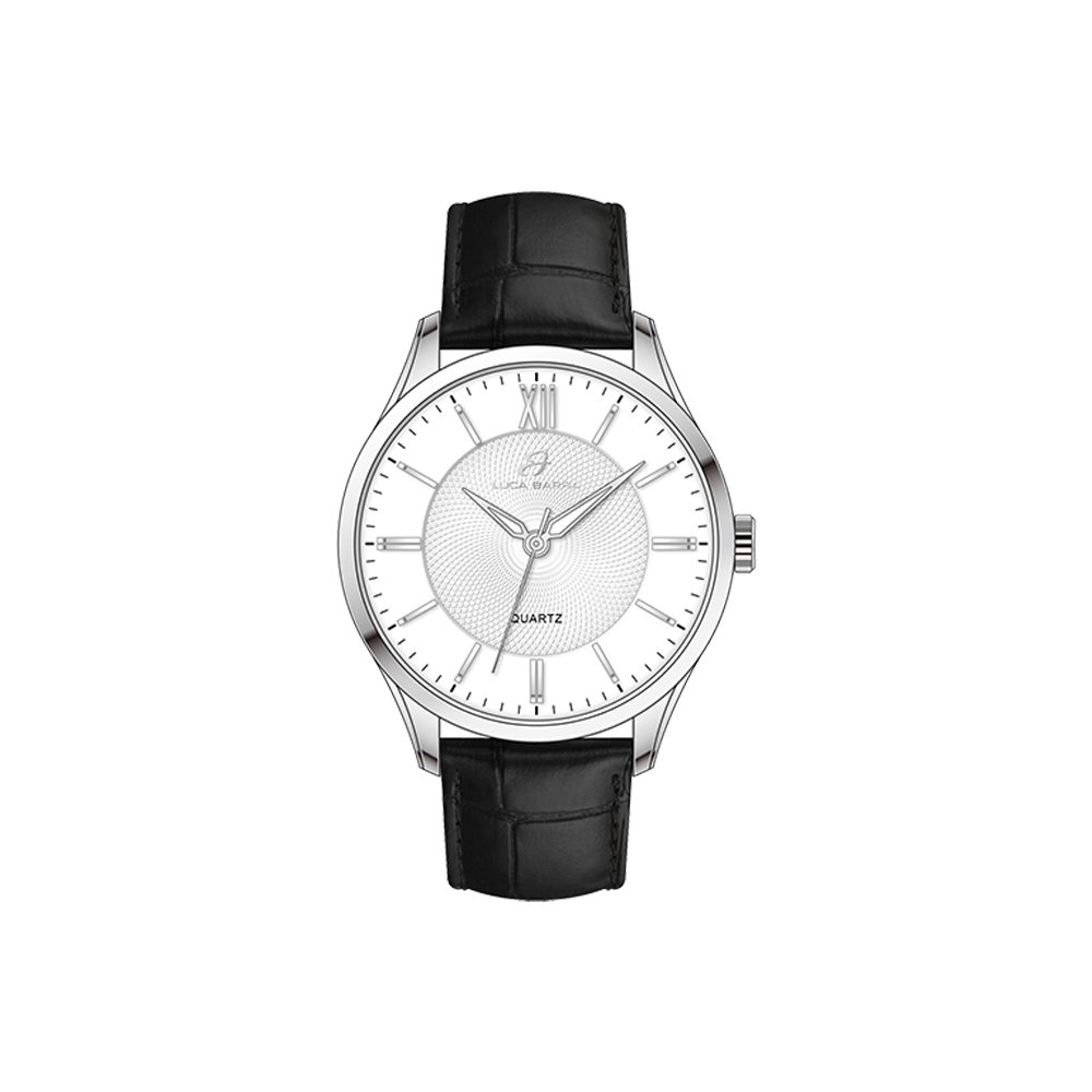 MONTRE EN ACIER POUR HOMMES AVEC BRACELET EN CUIR NOIR ET CADRAN BLANC