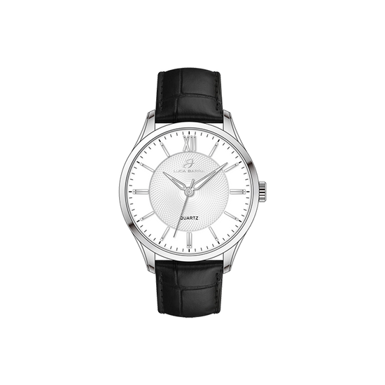 MONTRE EN ACIER POUR HOMMES AVEC BRACELET EN CUIR NOIR ET CADRAN BLANC