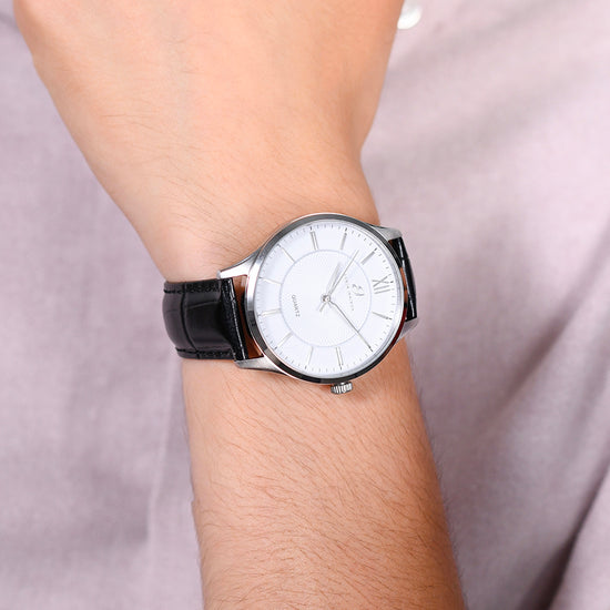 MONTRE EN ACIER POUR HOMMES AVEC BRACELET EN CUIR NOIR ET CADRAN BLANC