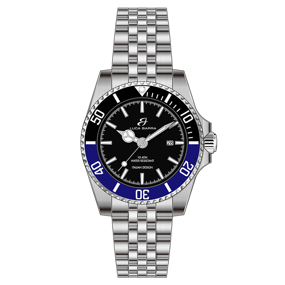 MONTRE AVEC BOÎTIER EN ACIER CADRAN NOIR LUNETTE NOIRE ET BLEUE