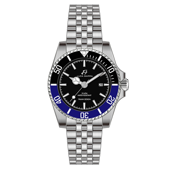 MONTRE AVEC BOÎTIER EN ACIER CADRAN NOIR LUNETTE NOIRE ET BLEUE