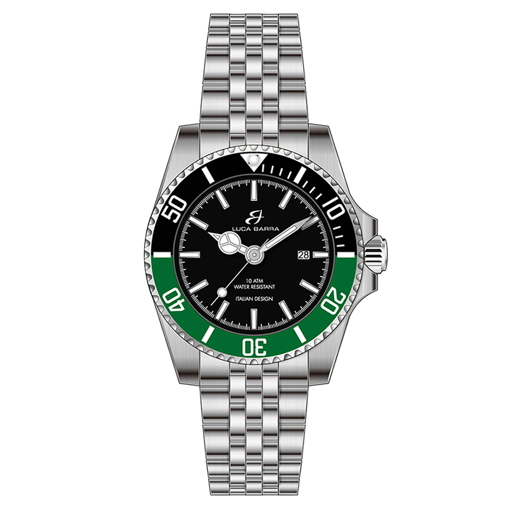 MONTRE AVEC BOÎTIER EN ACIER CADRAN NOIR LUNETTE NOIRE ET VERTE