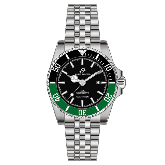 MONTRE AVEC BOÎTIER EN ACIER CADRAN NOIR LUNETTE NOIRE ET VERTE