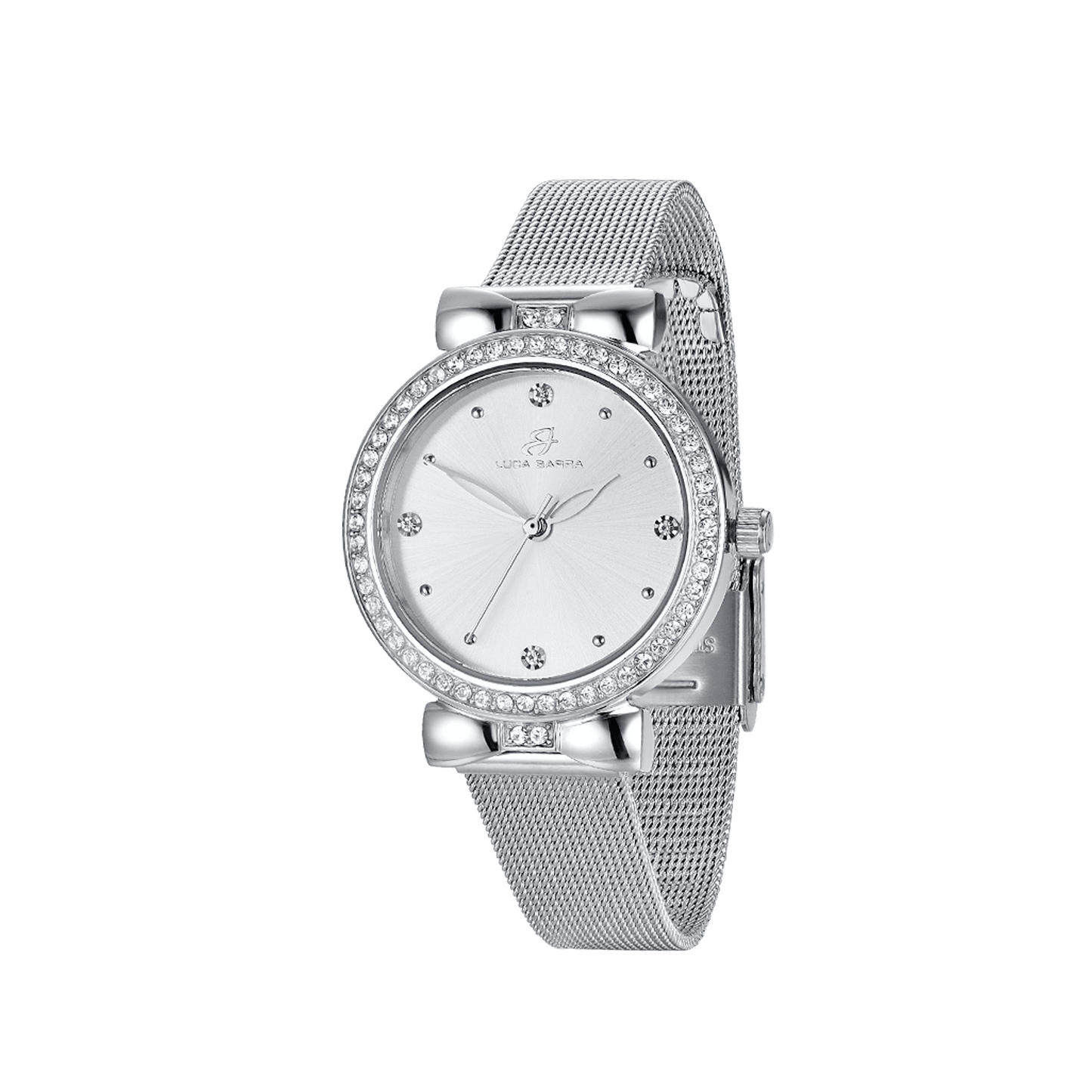 MONTRE POUR DAMES AVEC BOÎTIER EN ACIER CADRAN ARGENTÉ LUNETTE AVEC CRISTAUX BLANCS