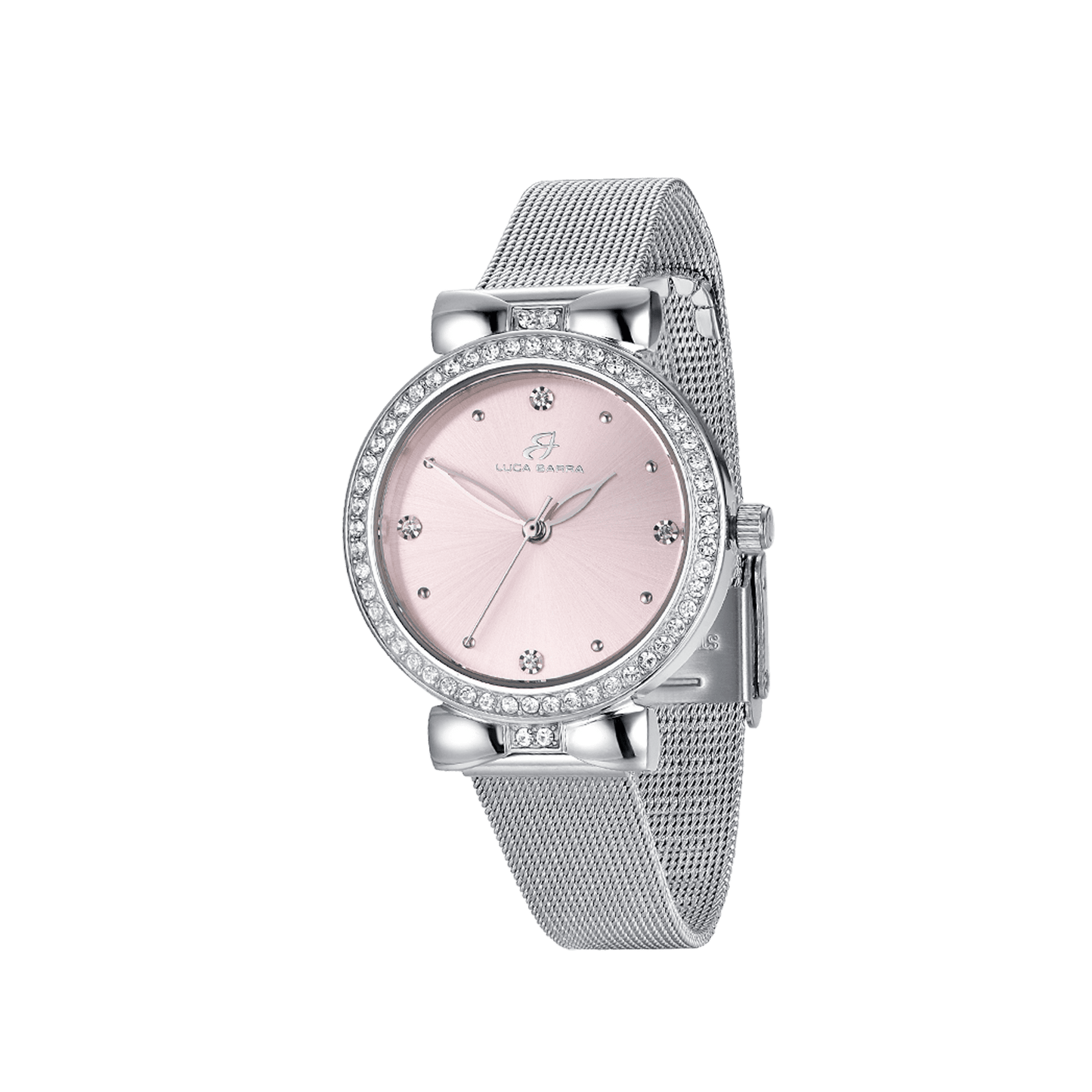 MONTRE POUR DAMES AVEC BOÎTIER EN ACIER CADRAN ROSE LUNETTE EN CRISTAL BLANC