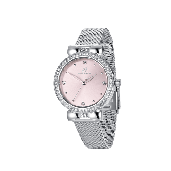 MONTRE POUR DAMES AVEC BOÎTIER EN ACIER CADRAN ROSE LUNETTE EN CRISTAL BLANC