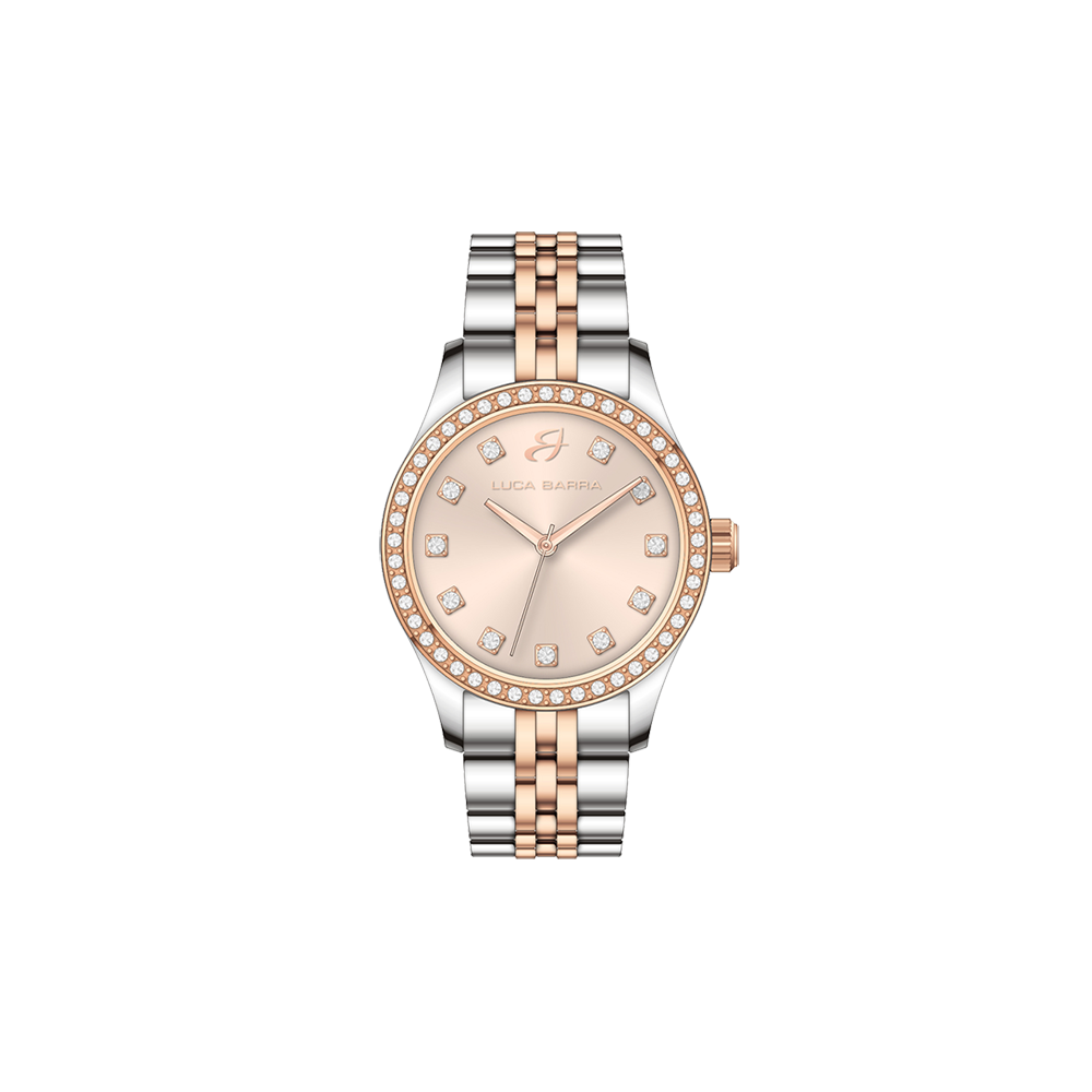 MONTRE POUR DAMES EN ACIER AVEC CADRAN ROSE IP ET LUNETTE EN CRISTAL BLANC