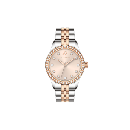 MONTRE POUR DAMES EN ACIER AVEC CADRAN ROSE IP ET LUNETTE EN CRISTAL BLANC