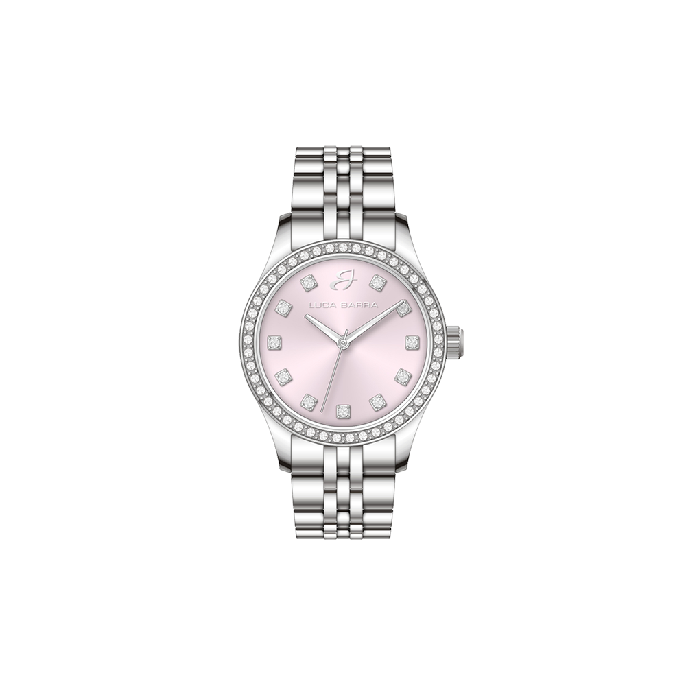 MONTRE FEMME EN ACIER AVEC CADRAN ROSE ET LUNETTE EN CRISTAL BLANC