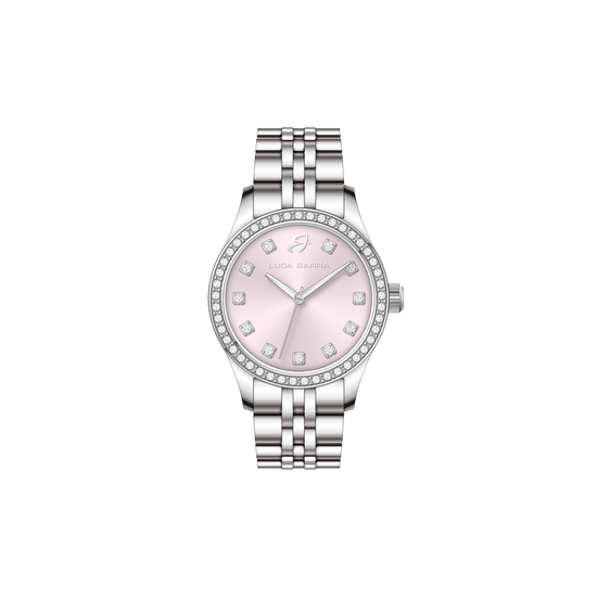 MONTRE FEMME EN ACIER AVEC CADRAN ROSE ET LUNETTE EN CRISTAL BLANC