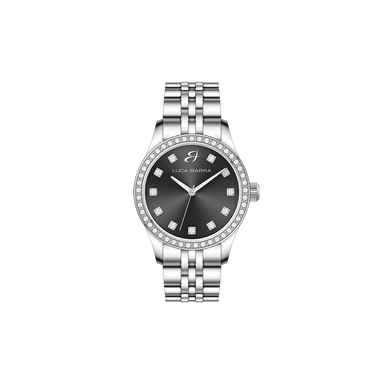 MONTRE EN ACIER POUR DAMES AVEC CADRAN NOIR ET LUNETTE EN CRISTAL BLANC