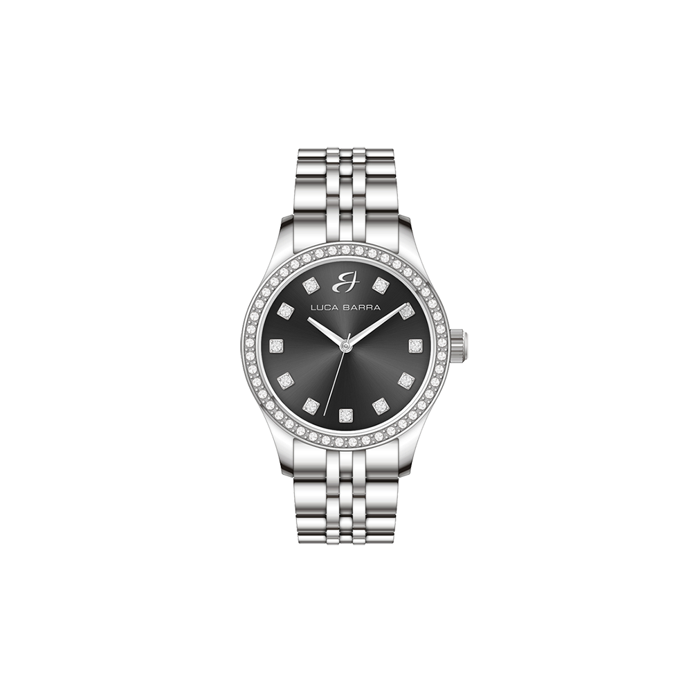 MONTRE EN ACIER POUR DAMES AVEC CADRAN NOIR ET LUNETTE EN CRISTAL BLANC