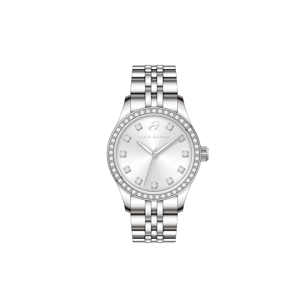 MONTRE EN ACIER POUR DAMES AVEC CADRAN ARGENTÉ ET LUNETTE EN CRISTAL BLANC