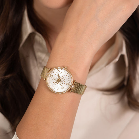 MONTRE FEMME IP OR ACIER LUNETTE CRISTAL BLANC