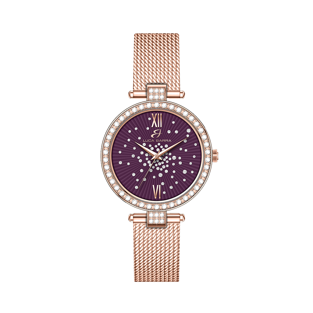 MONTRE FEMME IP EN ACIER ROSE CADRAN VIOLET LUNETTE AVEC CRISTAUX BLANCS