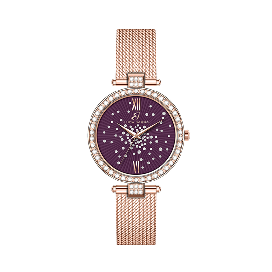 MONTRE FEMME IP EN ACIER ROSE CADRAN VIOLET LUNETTE AVEC CRISTAUX BLANCS