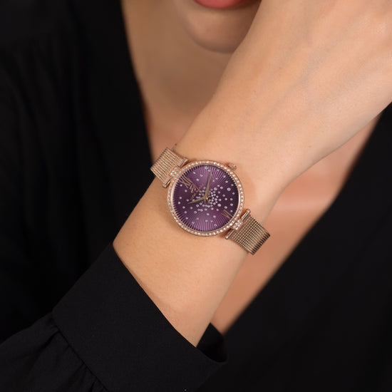 MONTRE FEMME IP EN ACIER ROSE CADRAN VIOLET LUNETTE AVEC CRISTAUX BLANCS