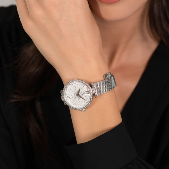 MONTRE EN ACIER POUR DAMES AVEC CADRAN EN CRISTAL BLANC