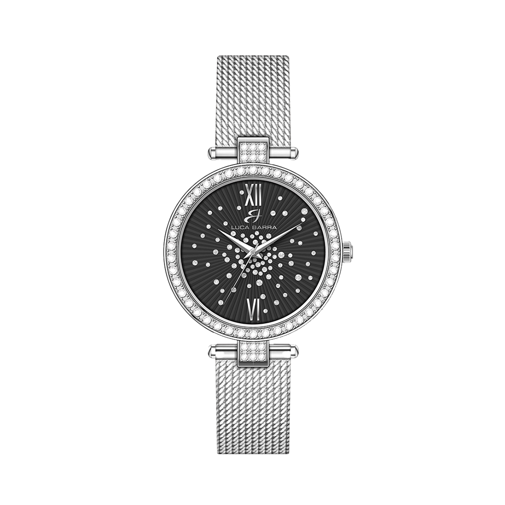 MONTRE EN ACIER POUR DAMES CADRAN NOIR LUNETTE AVEC CRISTAUX BLANCS