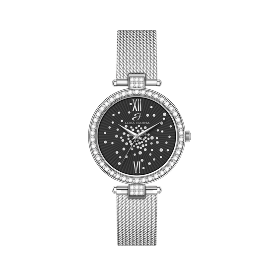 MONTRE EN ACIER POUR DAMES CADRAN NOIR LUNETTE AVEC CRISTAUX BLANCS