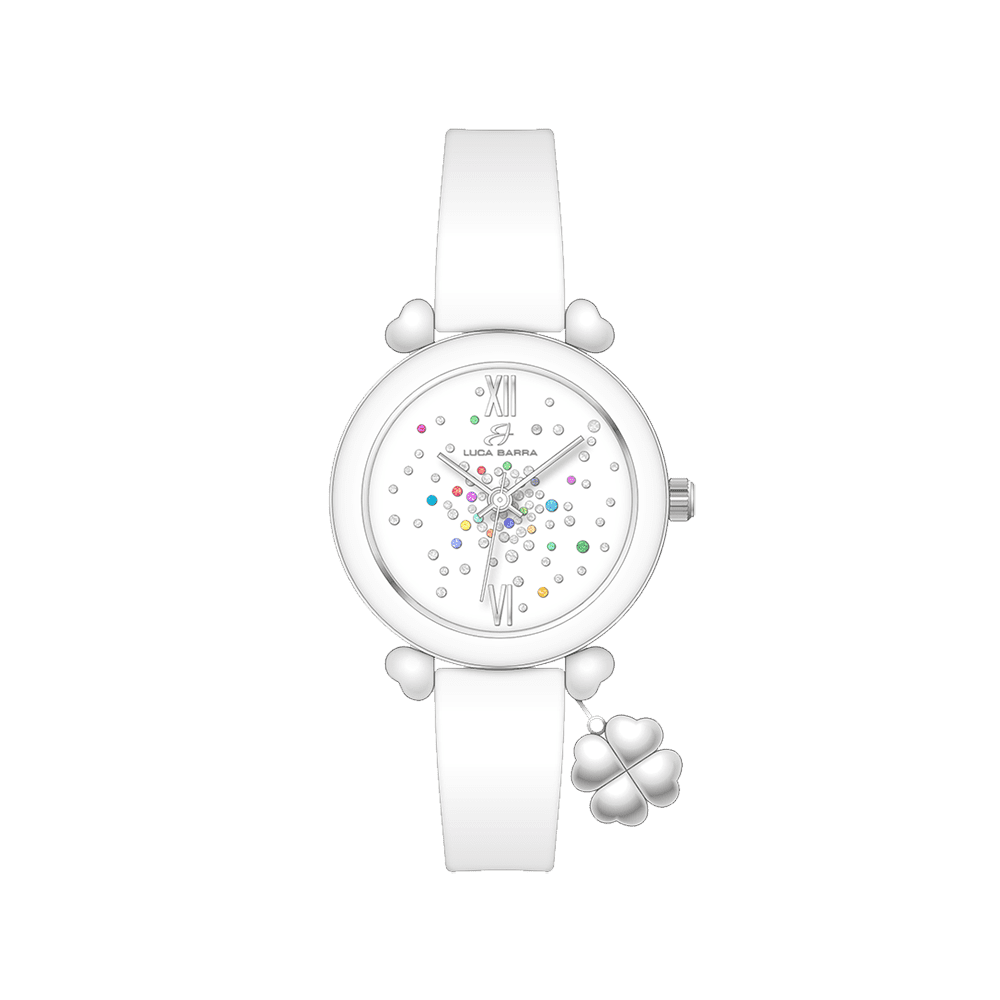 MONTRE FEMME EN SILICONE BLANC ET CRISTAUX MULTICOLORES