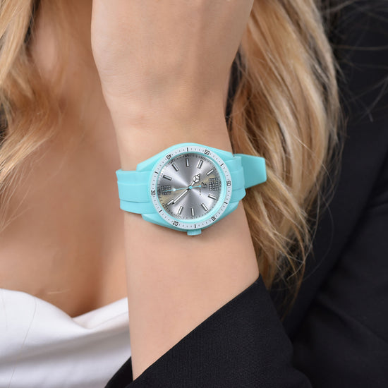 MONTRE FEMME EN SILICONE BLANC ET AIGUE-MARINE