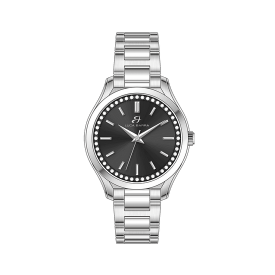 MONTRE FEMME EN ACIER AVEC LUNETTE NOIRE ET CRISTAUX BLANCS