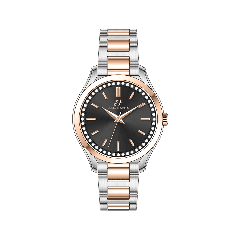 MONTRE FEMME EN ACIER AVEC LUNETTE NOIRE ET OR IP