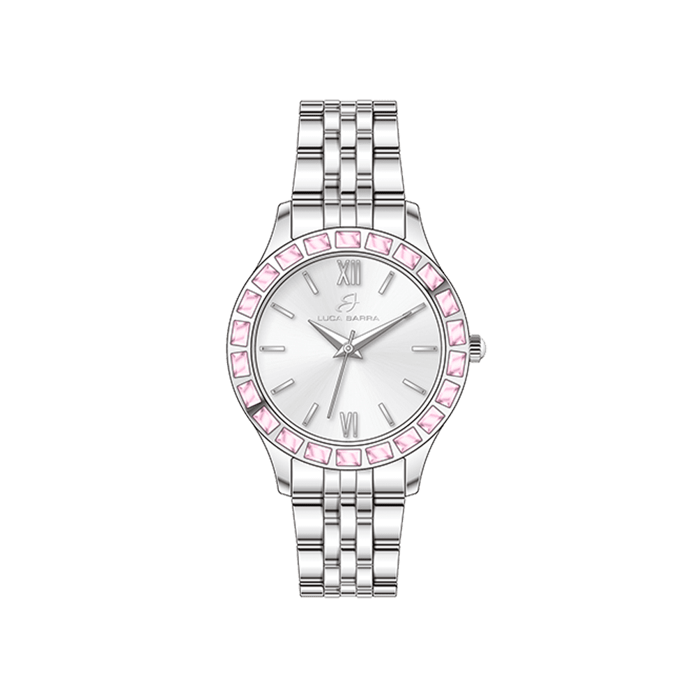 MONTRE FEMME EN ACIER AVEC LUNETTE EN CRISTAL ROSE