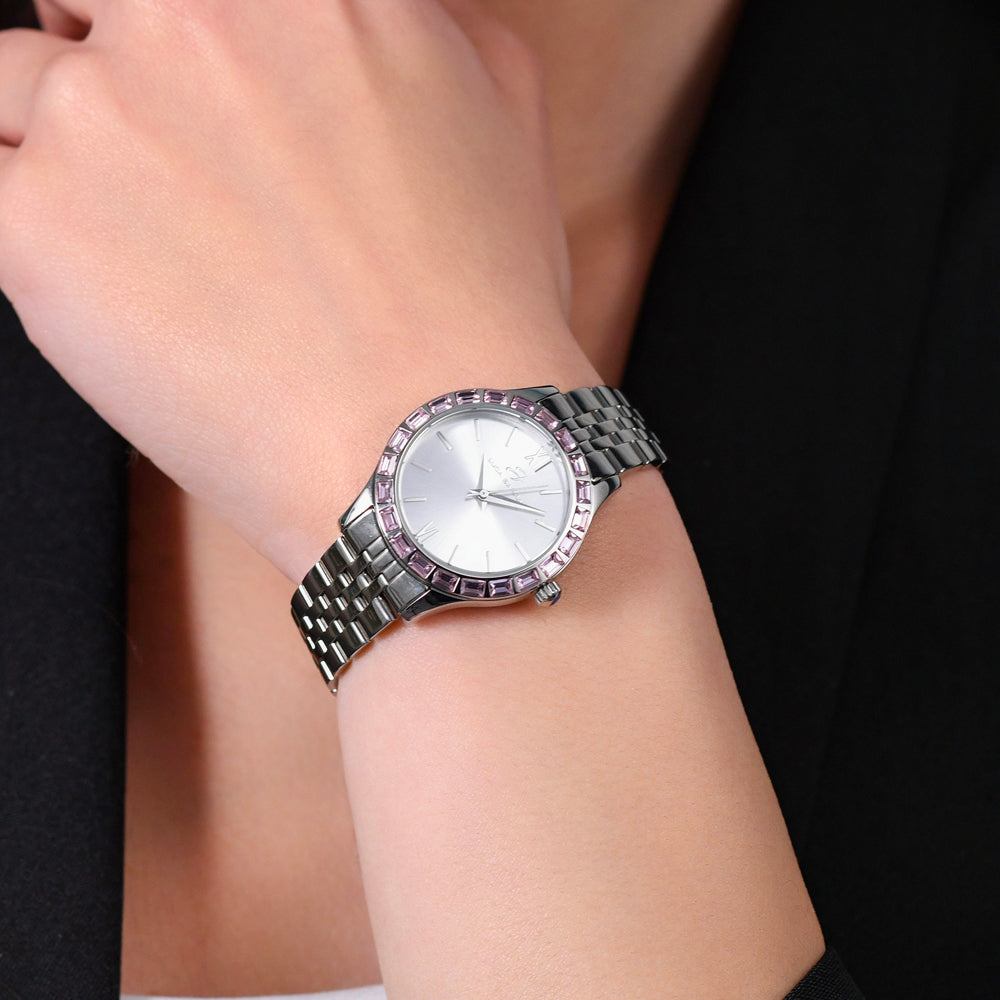 MONTRE FEMME EN ACIER AVEC LUNETTE EN CRISTAL ROSE