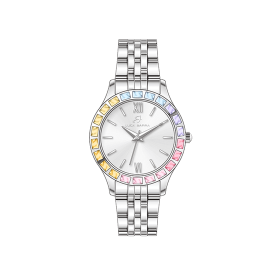 MONTRE FEMME EN ACIER AVEC LUNETTE EN CRISTAL MULTICOLORE