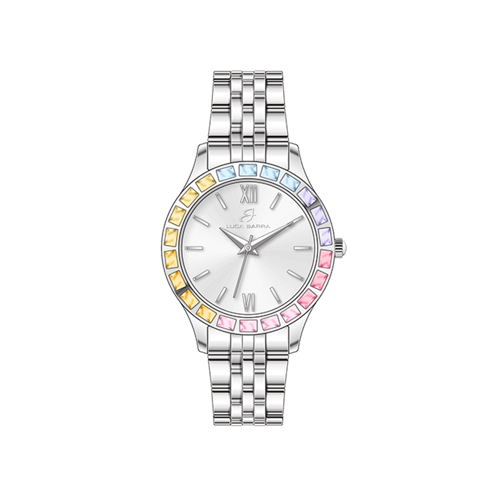 MONTRE FEMME EN ACIER AVEC LUNETTE EN CRISTAL MULTICOLORE