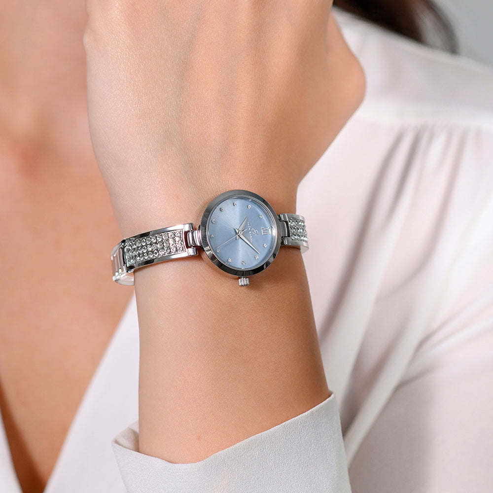 MONTRE POUR DAMES EN ACIER CRISTAL AVEC CADRAN BLEU CLAIR