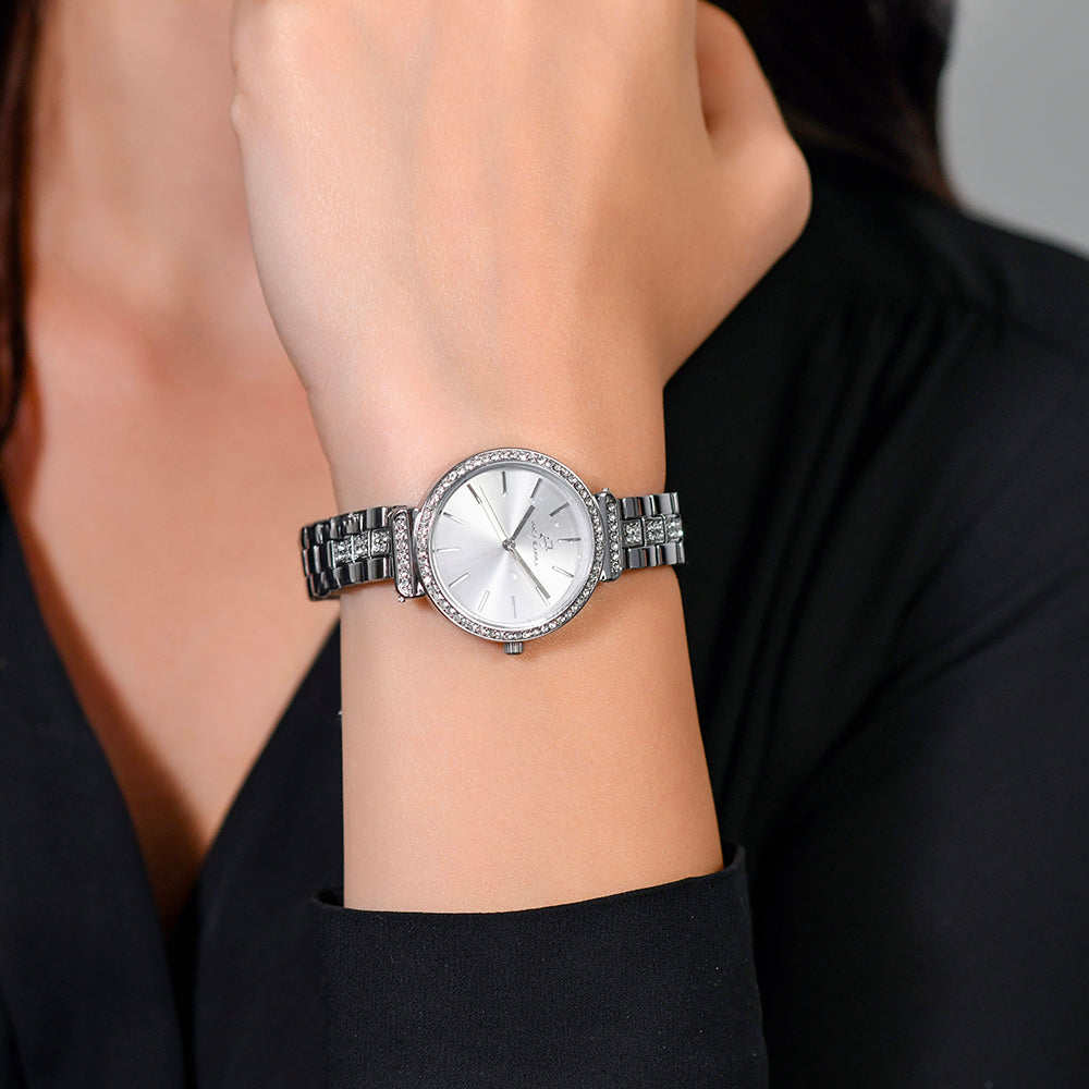 MONTRE POUR DAMES EN ACIER CRISTAL AVEC LUNETTE ET CADRAN GRIS