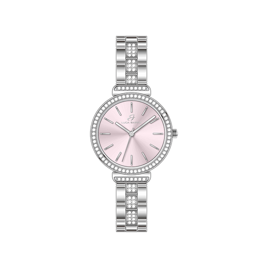 MONTRE POUR FEMME EN ACIER CRISTAUX GLACES ET CADRAN ROSE Luca Barra