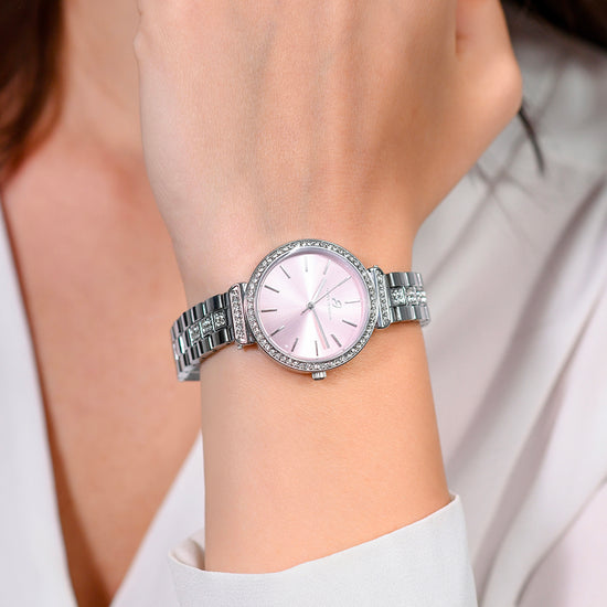 MONTRE POUR FEMME EN ACIER CRISTAUX GLACES ET CADRAN ROSE Luca Barra