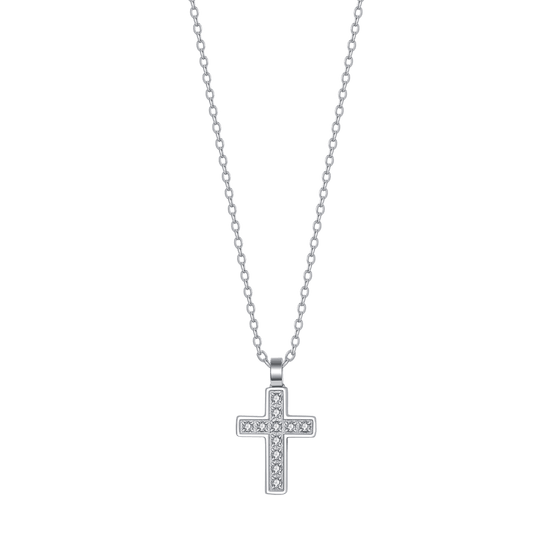 COLLIER EN ACIER POUR HOMMES AVEC CROIX ET CRISTAUX BLANCS