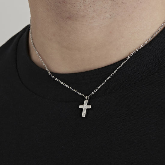 COLLIER EN ACIER POUR HOMMES AVEC CROIX ET CRISTAUX BLANCS