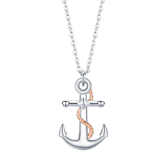 COLLIER POUR HOMME EN ACIER AVEC ANCRE ROSE IP ET ÉLÉMENTS EN ARGENT