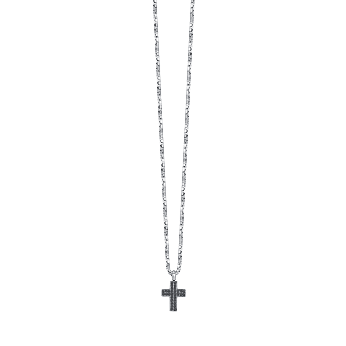 COLLIER HOMME CROIX EN ACIER AVEC CRISTAUX NOIRS