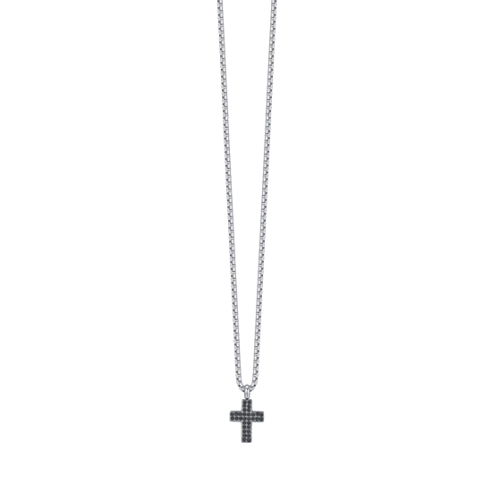 COLLIER HOMME CROIX EN ACIER AVEC CRISTAUX NOIRS