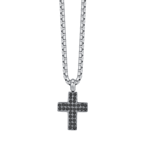 COLLIER HOMME CROIX EN ACIER AVEC CRISTAUX NOIRS