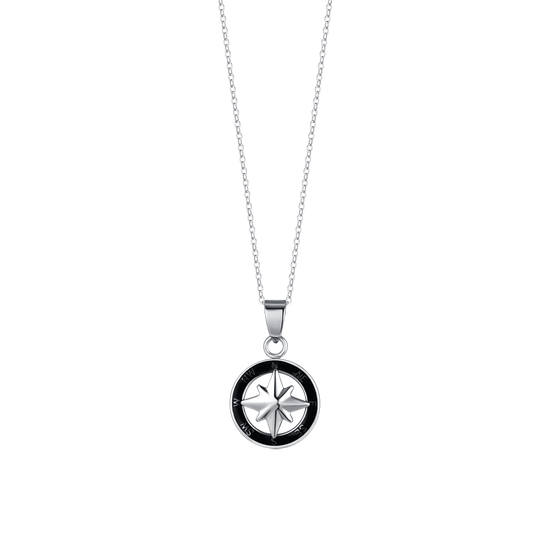 COLLIER HOMME EN ACIER AVEC ROSE DES VENTS ET ÉMAIL NOIR