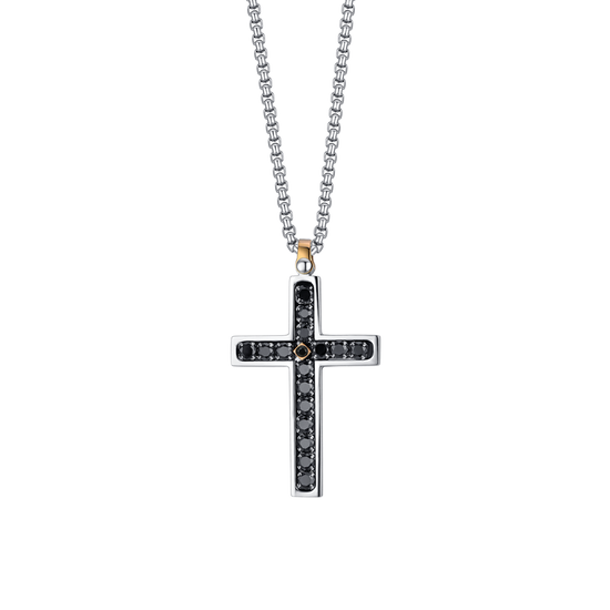 COLLIER HOMME CROIX EN ACIER AVEC CRISTAUX NOIRS