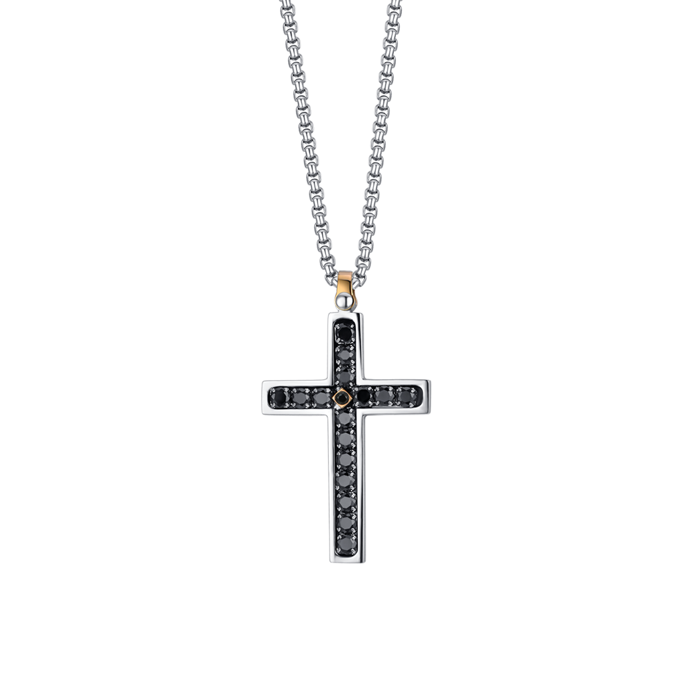 COLLIER HOMME CROIX EN ACIER AVEC CRISTAUX NOIRS