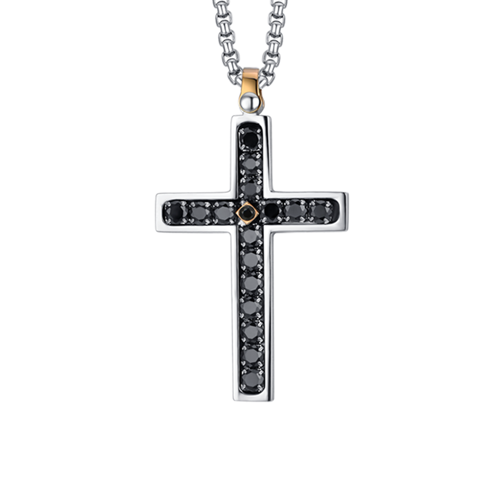 COLLIER HOMME CROIX EN ACIER AVEC CRISTAUX NOIRS