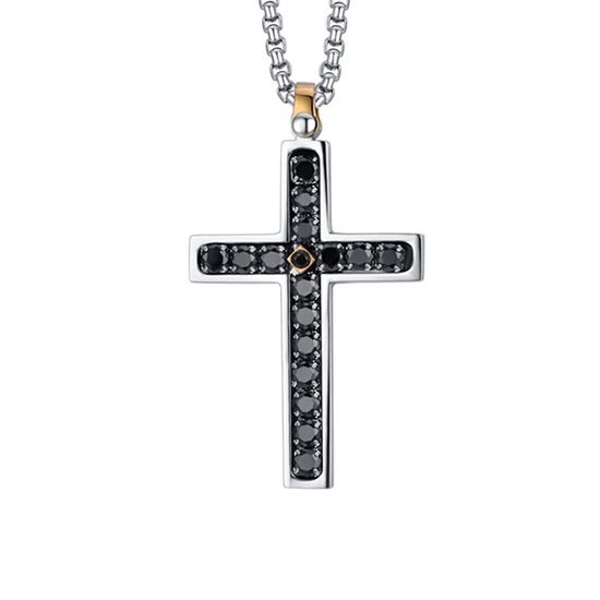 COLLIER HOMME CROIX EN ACIER AVEC CRISTAUX NOIRS