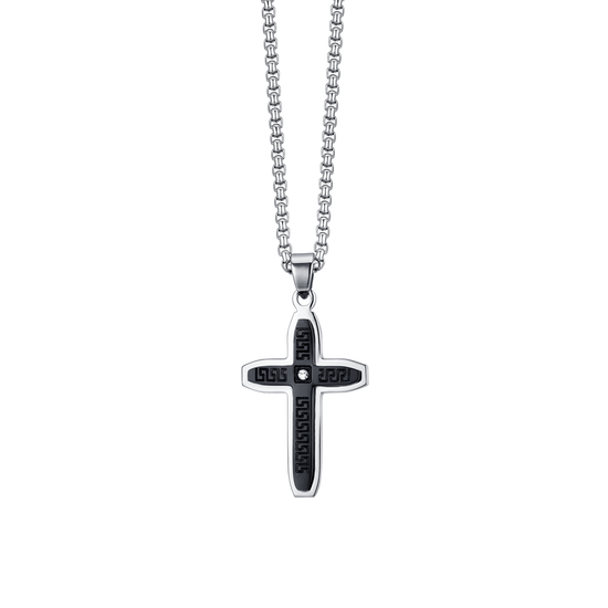 COLLIER HOMME CROIX EN ACIER AVEC IP NOIR