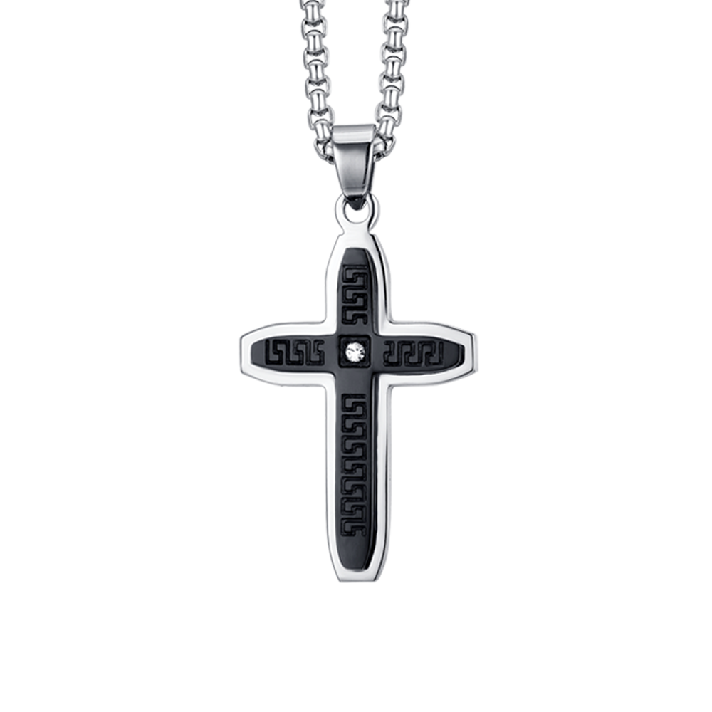 COLLIER HOMME CROIX EN ACIER AVEC IP NOIR